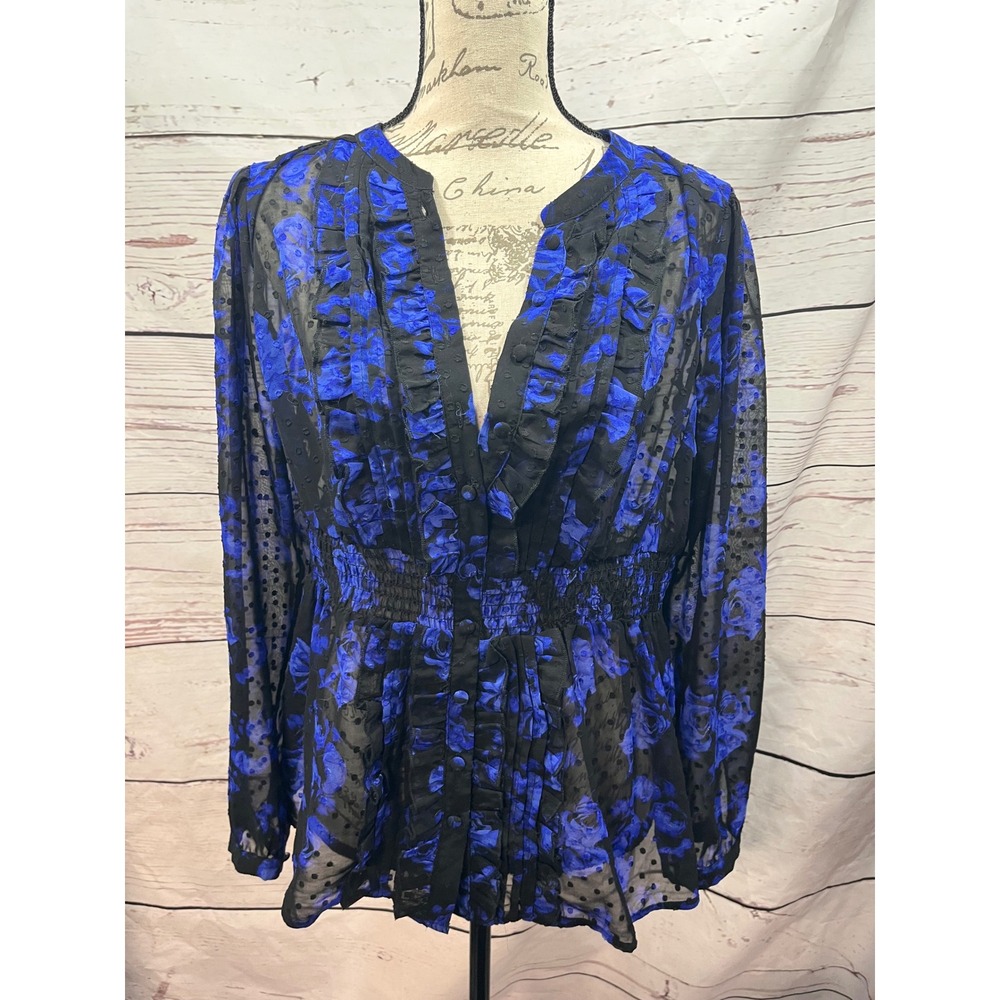 Torrid Blue Floral Swiss Dot Ruffle Smocked Peplum Blouse Top Size 00 medium